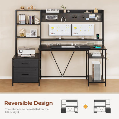 Reversible Gaming Desk with Power Outlets and LED Light