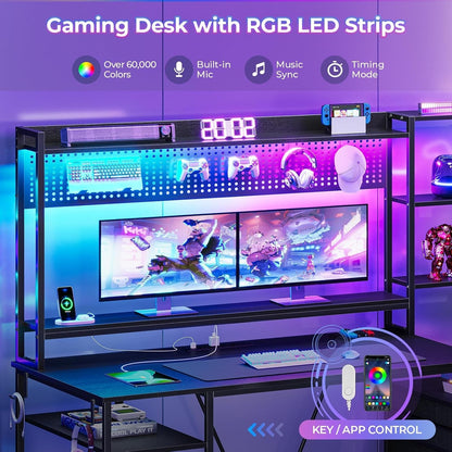 Reversible Gaming Desk with Power Outlets and LED Light