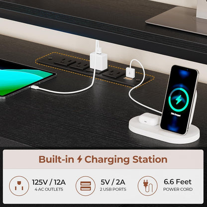Reversible Gaming Desk with Power Outlets and LED Light