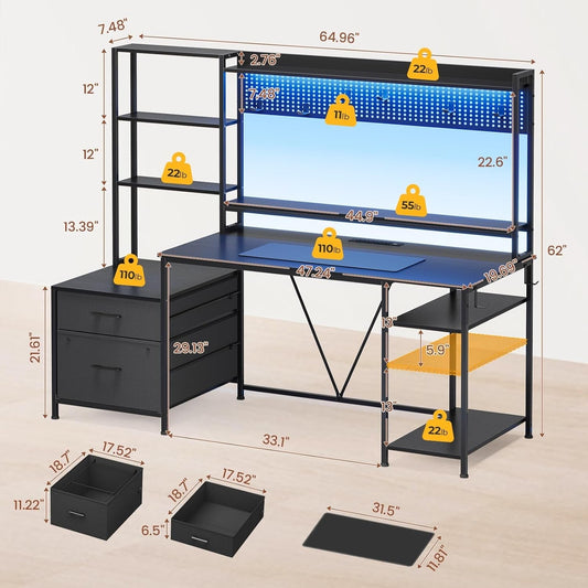 Reversible Gaming Desk with Power Outlets and LED Light